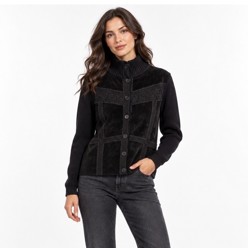 Maurice Sasson Leather Knit Cardigan Jacket Large Black Boho Western Crochet
